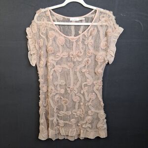 Crocheted Semi-sheer Tunic/Cover-up  3D Ribbon Flowers Size M Coquette Beach